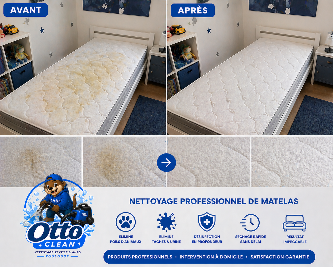 Nettoyage textile lit avant après — résultat Clean by Otto